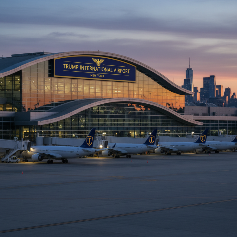 A modern airport terminal at dusk with a large sign "TRUMP INTERNATIONAL AIRPORT NEW YORK" and aircraft parked at gates.