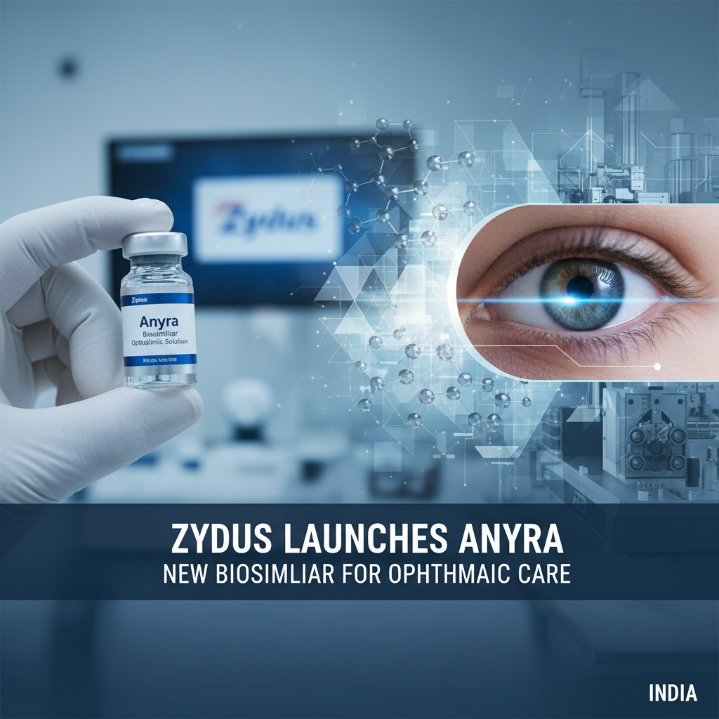 A hand in a lab glove holding a vial of Anyra biosimilar with a modern pharmaceutical background and an eye graphic.
