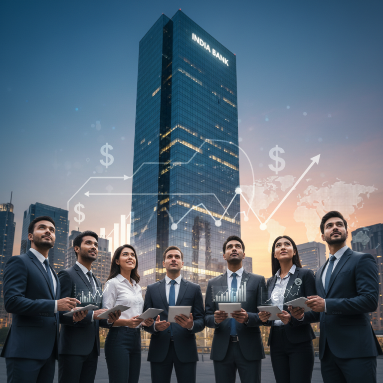 Business professionals with tablets look up at a modern building labeled "INDIA BANK," overlaid with financial charts and a global map.