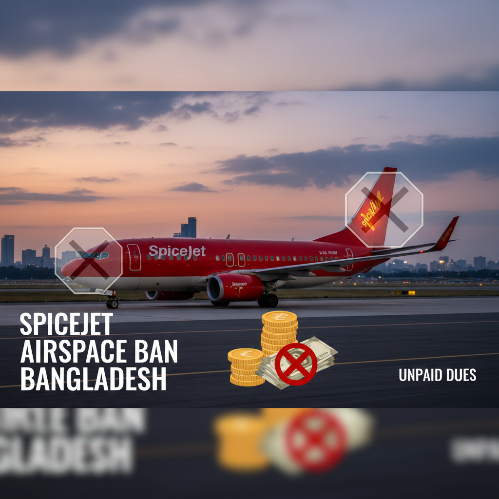 A red SpiceJet airplane on a runway with a ban symbol over it, coins, and money with a ban symbol.