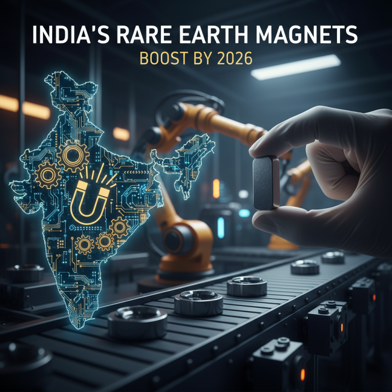 A hand holds a rare earth magnet with a futuristic, circuit-board-style outline of India in the background.