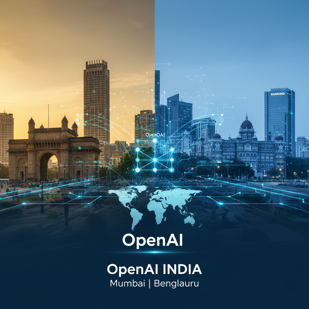 A professional graphic depicting the skylines of Mumbai and Bengaluru with a world map and network connections, signifying OpenAI's expansion into India.