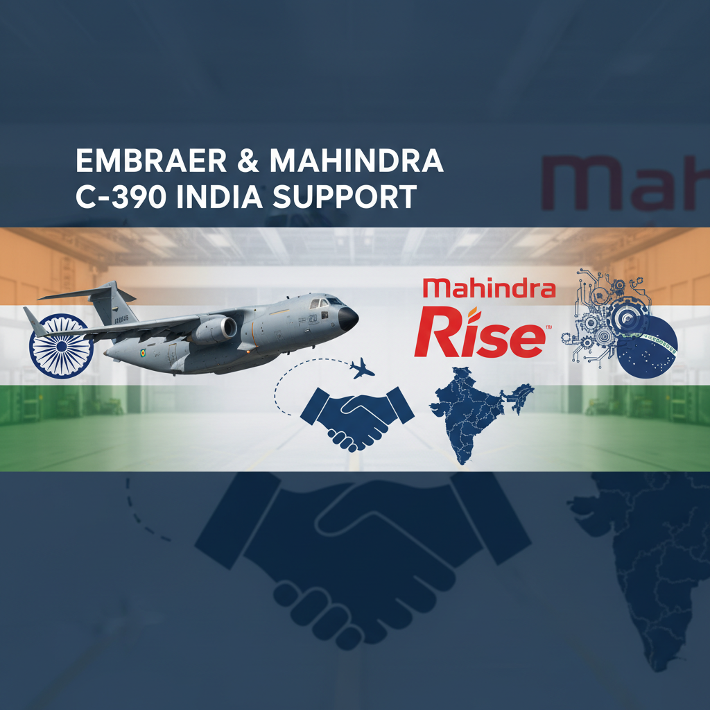 A C-390 aircraft flying over a stylized map of India with the Embraer and Mahindra logos.