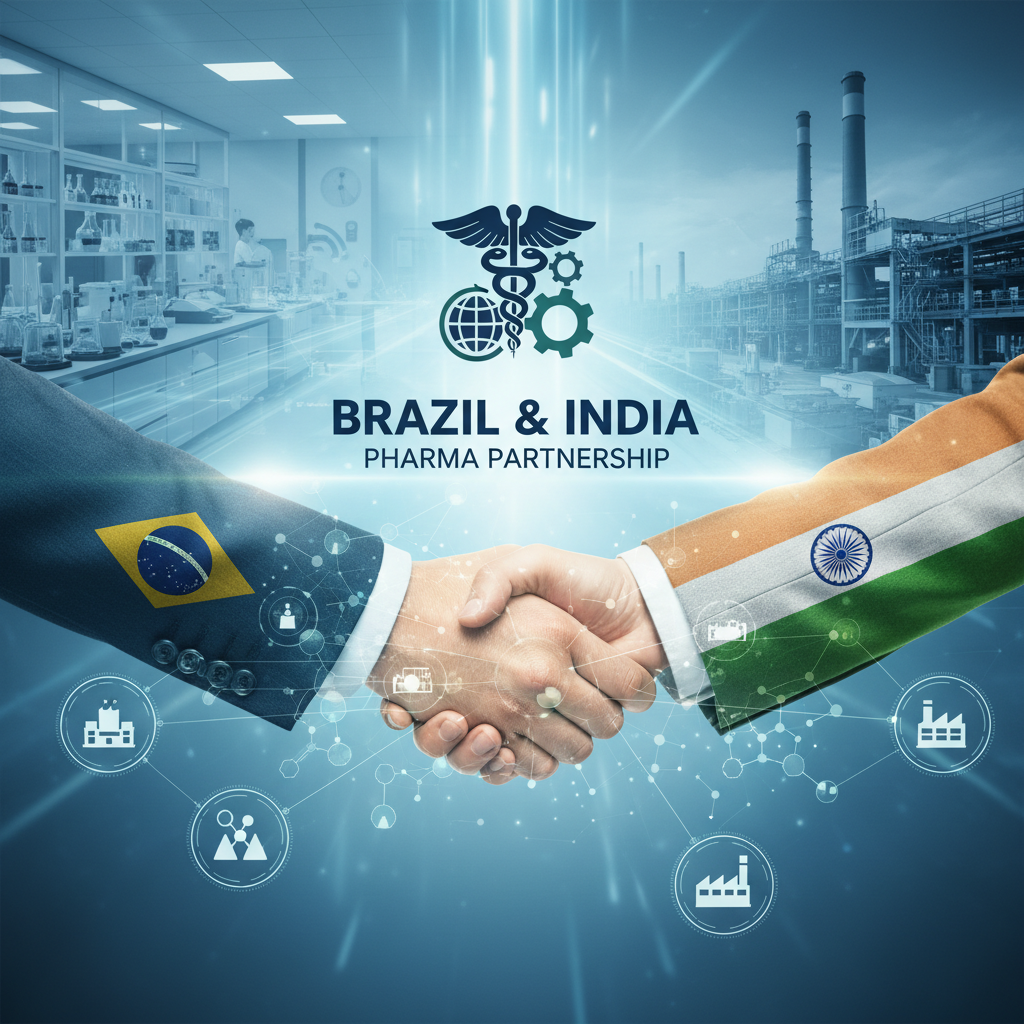 Handshake with Brazilian and Indian flag cuffs, symbolizing a pharma partnership, with factories and labs in the background.