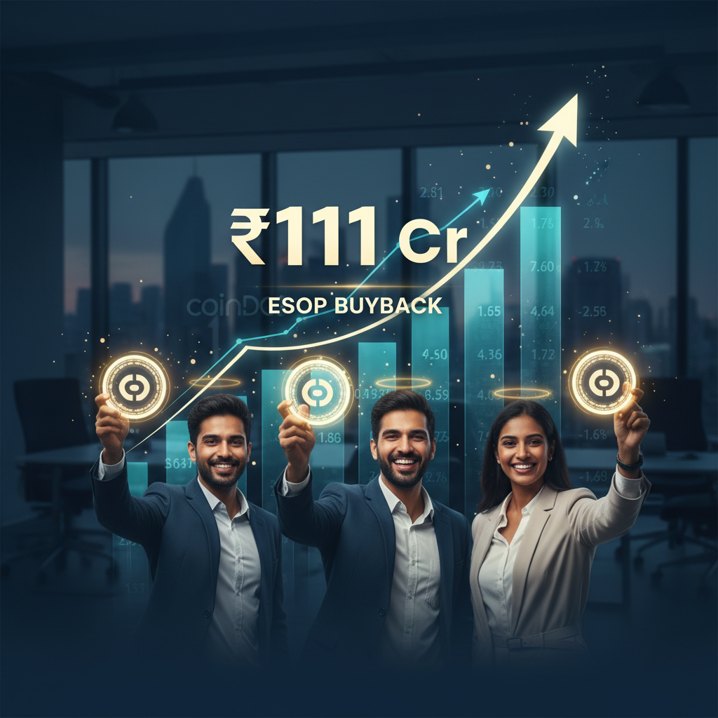 Three smiling professionals holding glowing crypto coins, with an upward financial graph and "₹111 Cr ESOP Buyback" text.