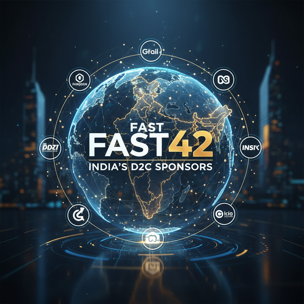 A digital globe centered on India, surrounded by interconnected sponsor logos, representing the growth of D2C.