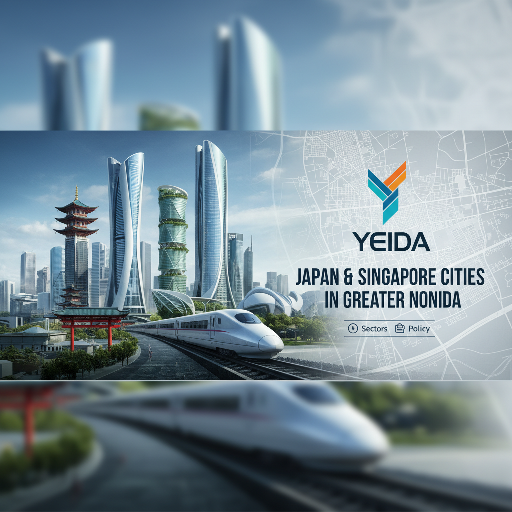 A modern cityscape blending Japanese and Singaporean architectural styles with a high-speed train and the YEIDA logo.