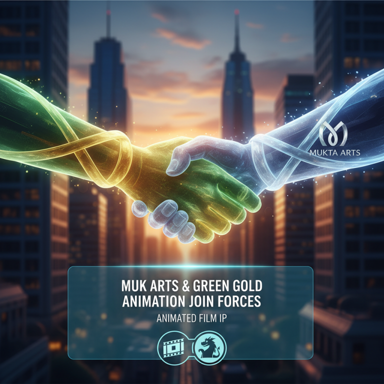 Two hands shaking, one green, one blue, representing the collaboration of Mukta Arts & Green Gold Animation.