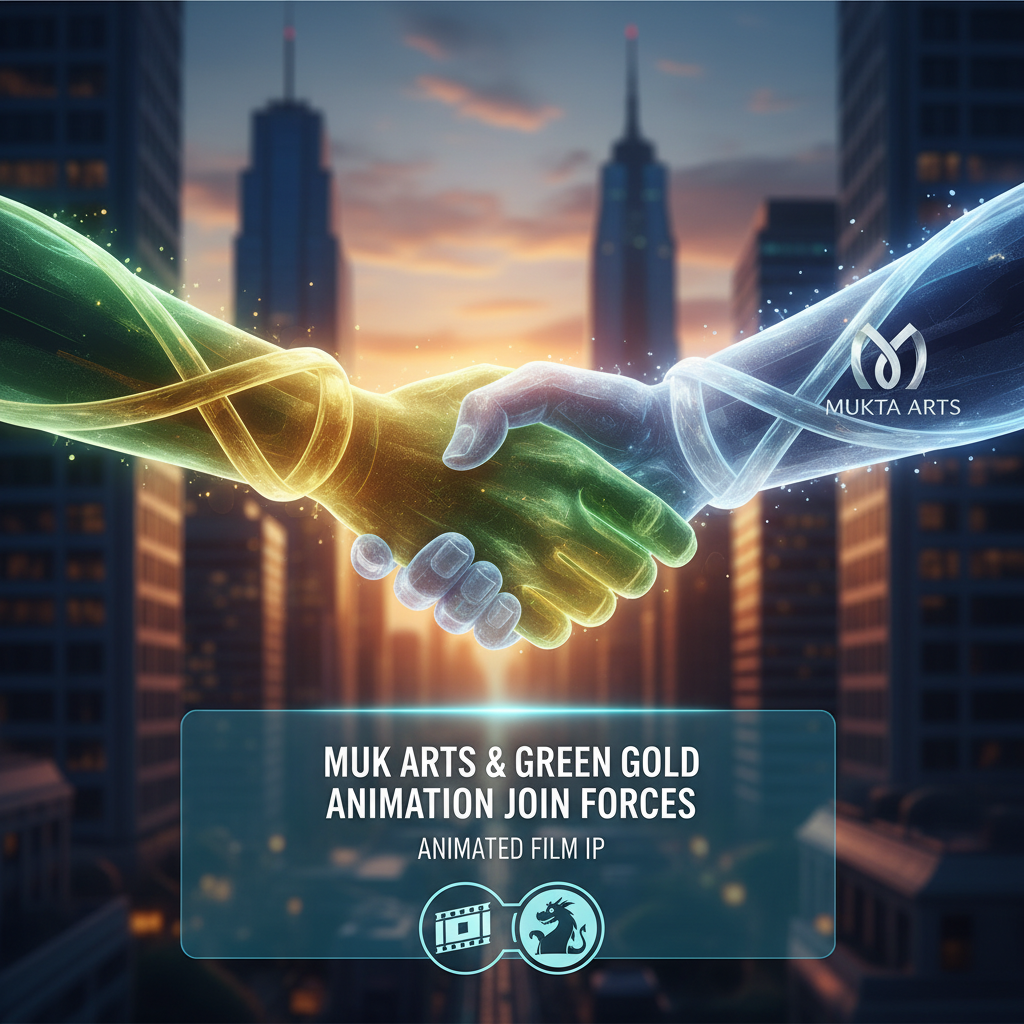 Two hands shaking, one green, one blue, representing the collaboration of Mukta Arts & Green Gold Animation.