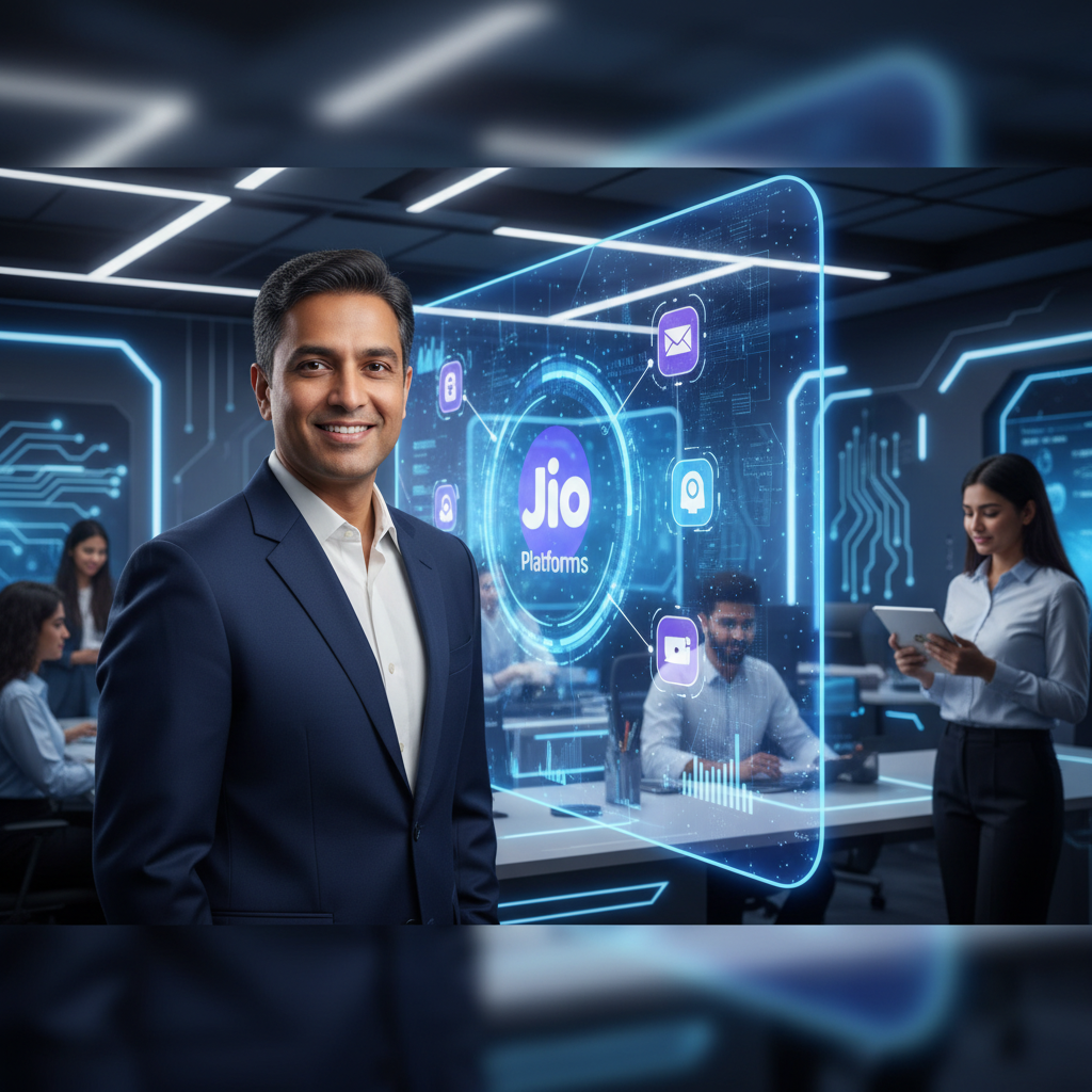 Anuj Gandhi, in a suit, smiles in a modern office with a holographic Jio Platforms logo and digital icons.
