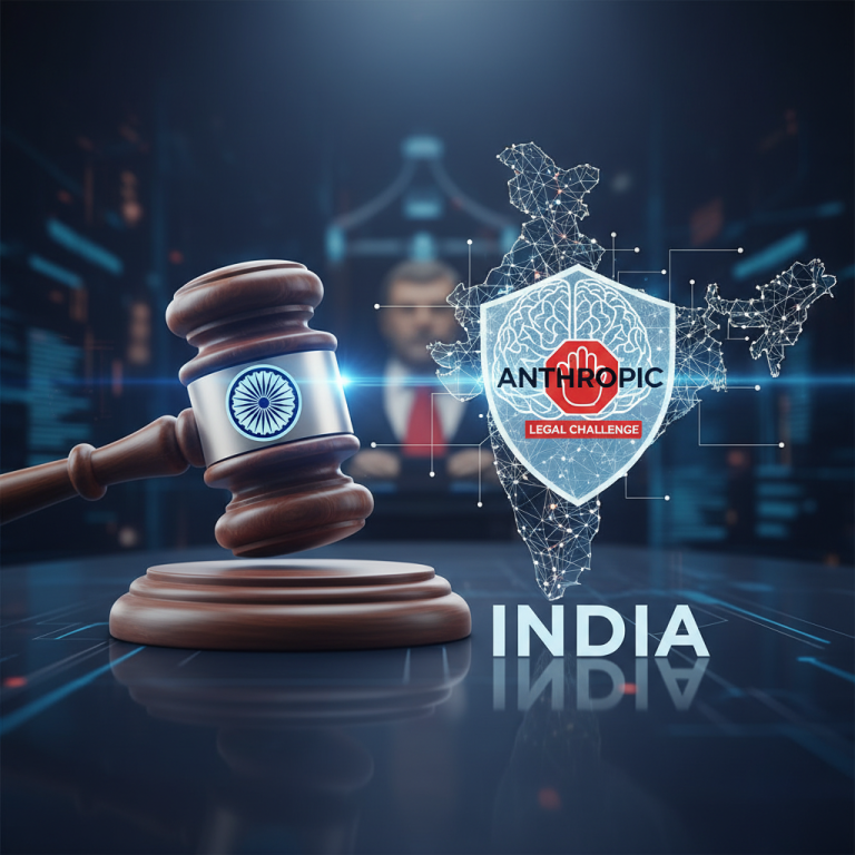 A gavel with India's emblem, Anthropic AI logo on a shield over India's map, symbolizing a legal challenge.