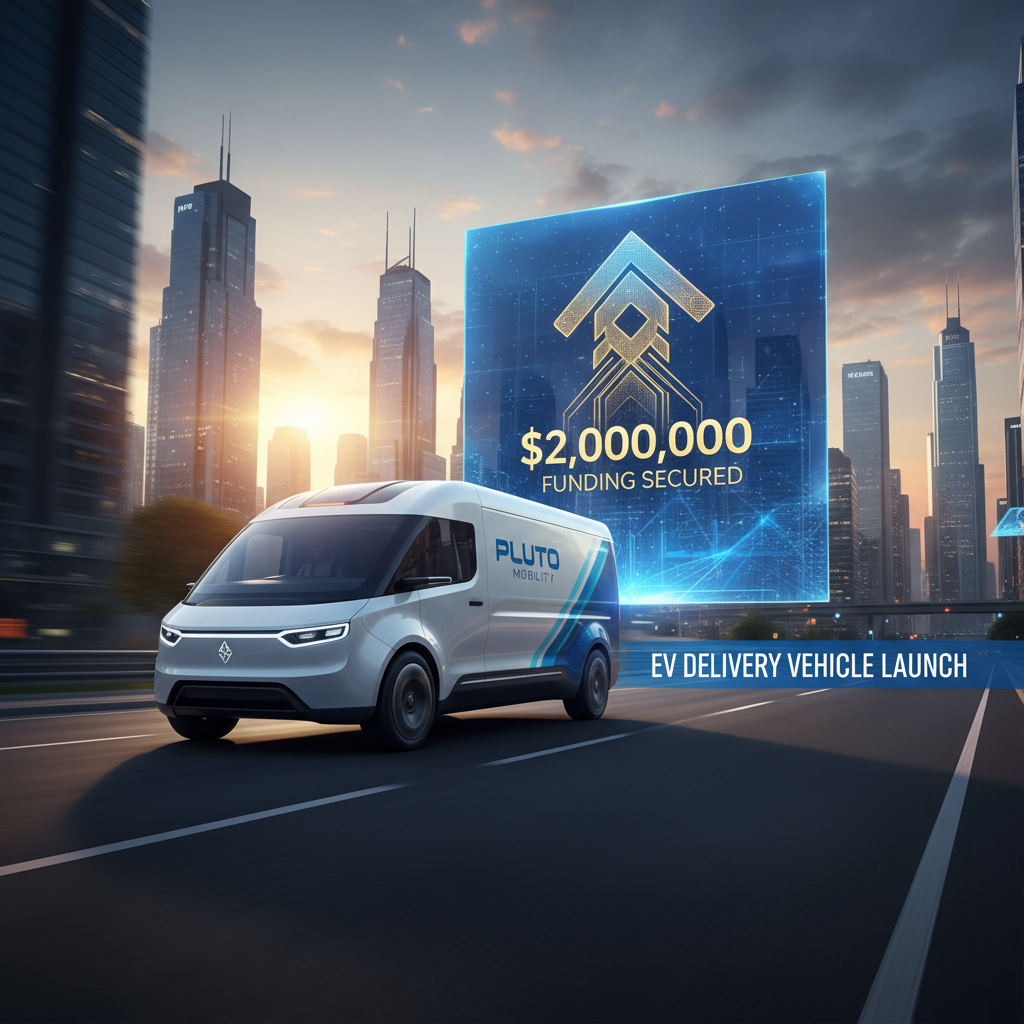 A modern electric delivery van from "Pluto Mobility" drives on a city road with a digital graphic showing "$2,000,000 Funding Secured."