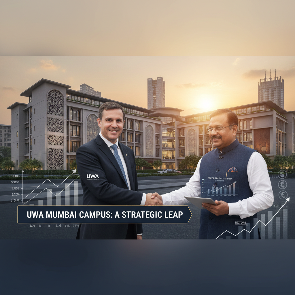 Two men shaking hands in front of a modern campus building, with charts and graphs overlaid.