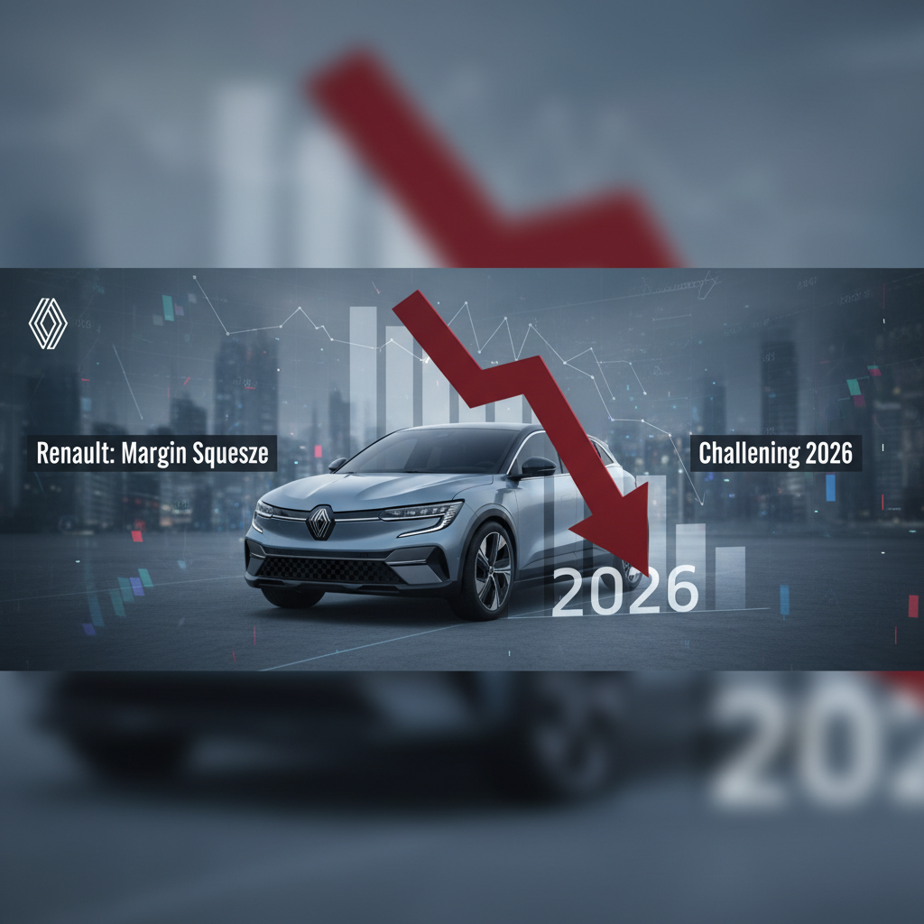A modern Renault car with a large red downward arrow pointing towards "2026" and declining bar graphs.