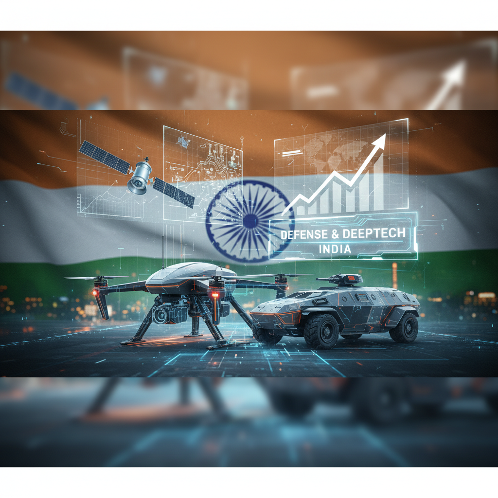 An image depicting India's advancement in defense and deeptech, featuring a drone, armored vehicle, and satellite.