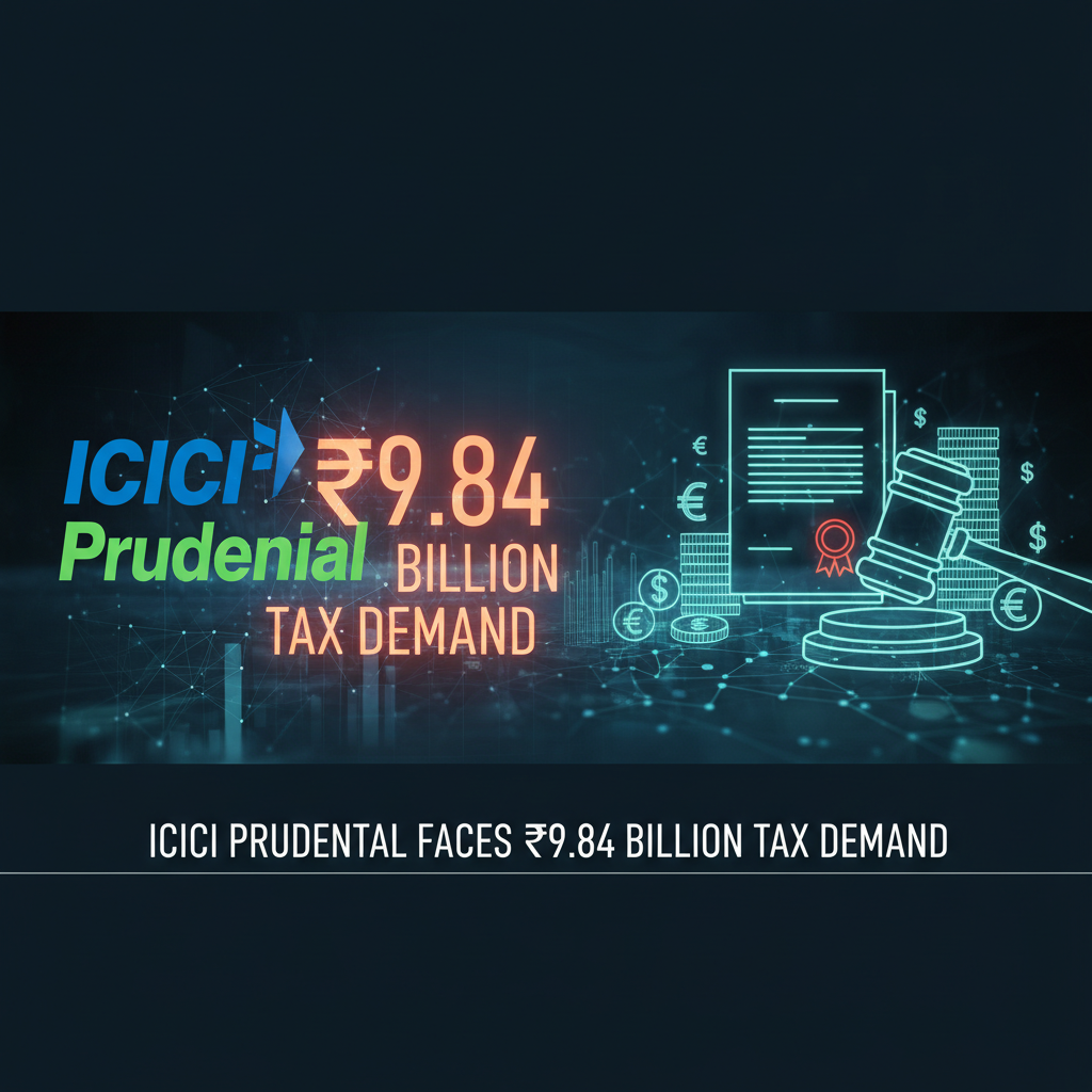 A digital illustration depicting the ICICI Prudential logo alongside text indicating a ₹9.84 billion tax demand.