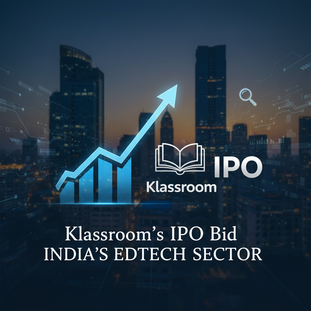 A professional image representing Klassroom's IPO bid, with a rising stock graph, an open book, and city skyline.