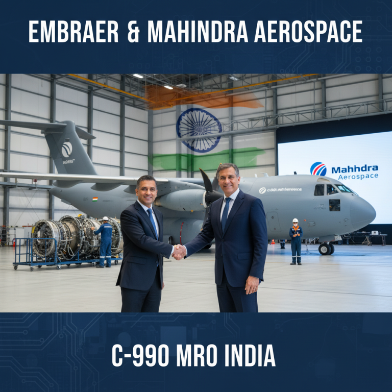 Two executives shake hands in front of an Embraer C-390 Millennium aircraft inside a hangar with an Indian flag.