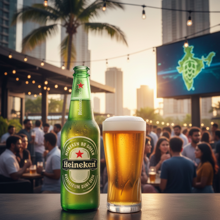 A Heineken beer bottle and glass on a bar, with people socializing in the background at an outdoor venue.
