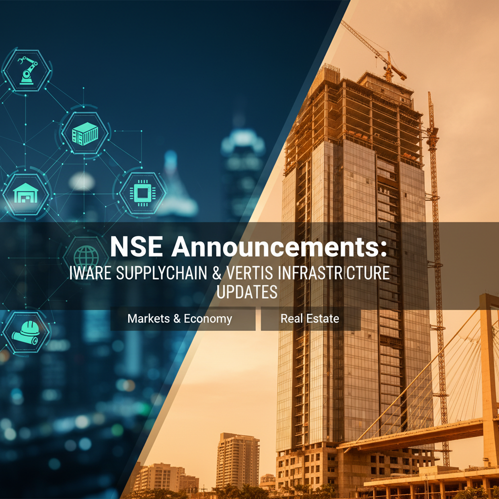 A professional image blending digital supply chain icons with a modern building and bridge, representing market and real estate news.