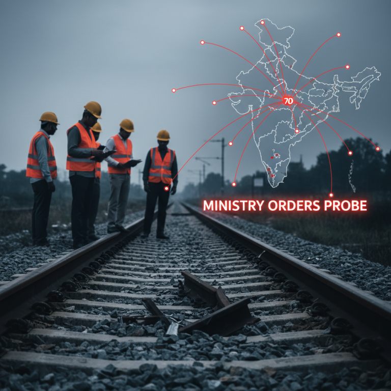 Railway workers inspect a fractured rail with a digital overlay showing 70 divisions on an India map.