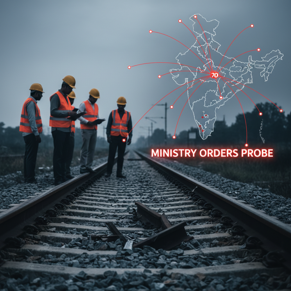 Railway workers inspect a fractured rail with a digital overlay showing 70 divisions on an India map.