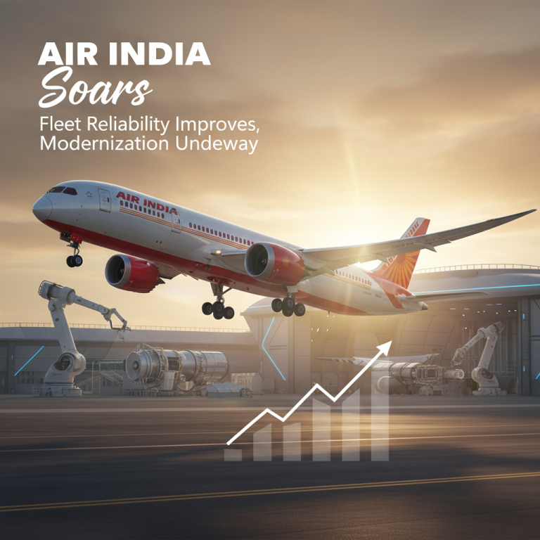 An Air India plane taking off from a modern hangar with robotic arms and an upward trending graph.