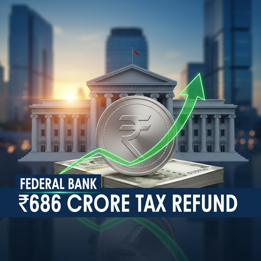 A professional image showing a silver Indian Rupee coin, a rising green arrow, currency notes, and a bank building.