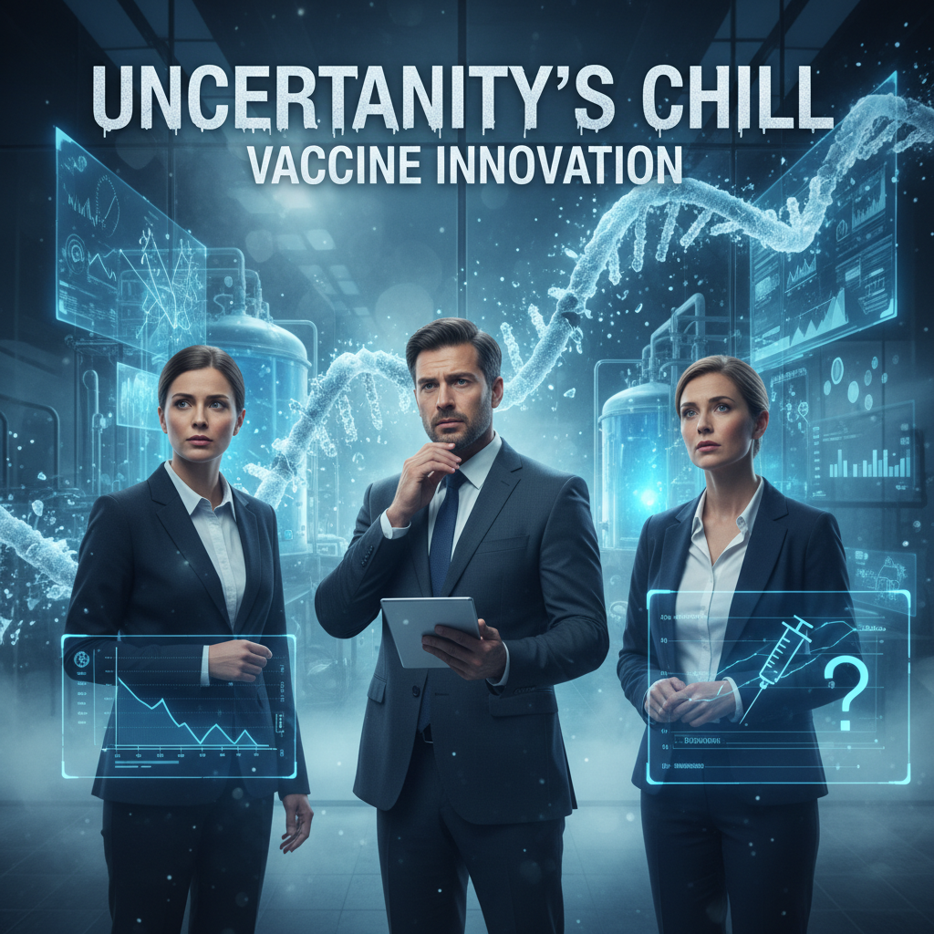 Three serious pharmaceutical executives in a lab with futuristic vaccine tech and data visualizations.