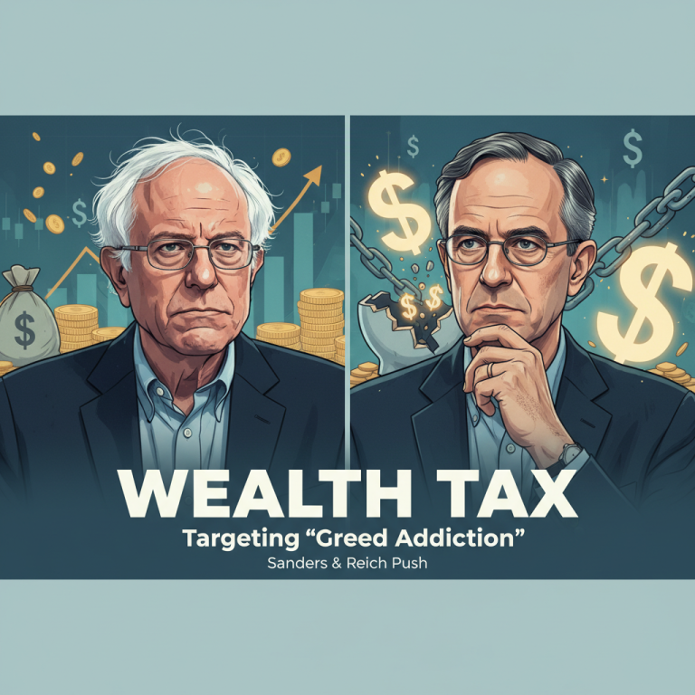 Bernie Sanders and Robert Reich in a split image with dollar signs and broken chains, symbolizing a wealth tax.