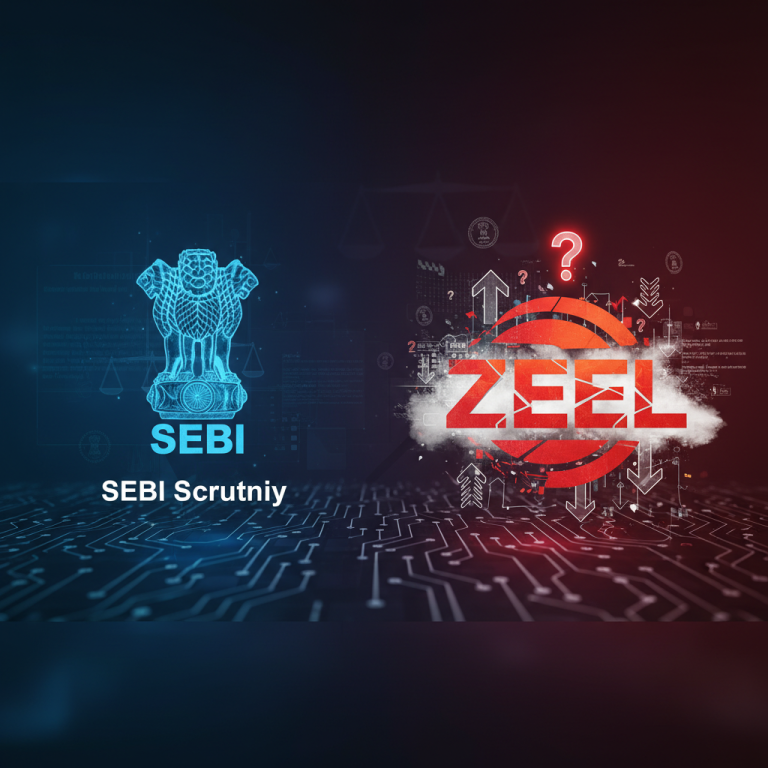 A professional visual representing SEBI's scrutiny of ZEEL, with legal and financial elements.