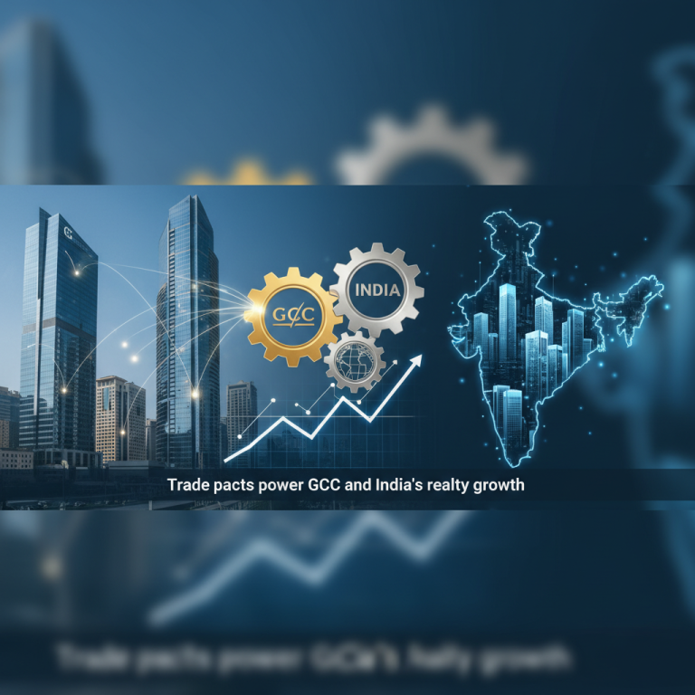 An image showing the skyline of a modern city connected to a glowing map of India with gears labeled GCC and India.