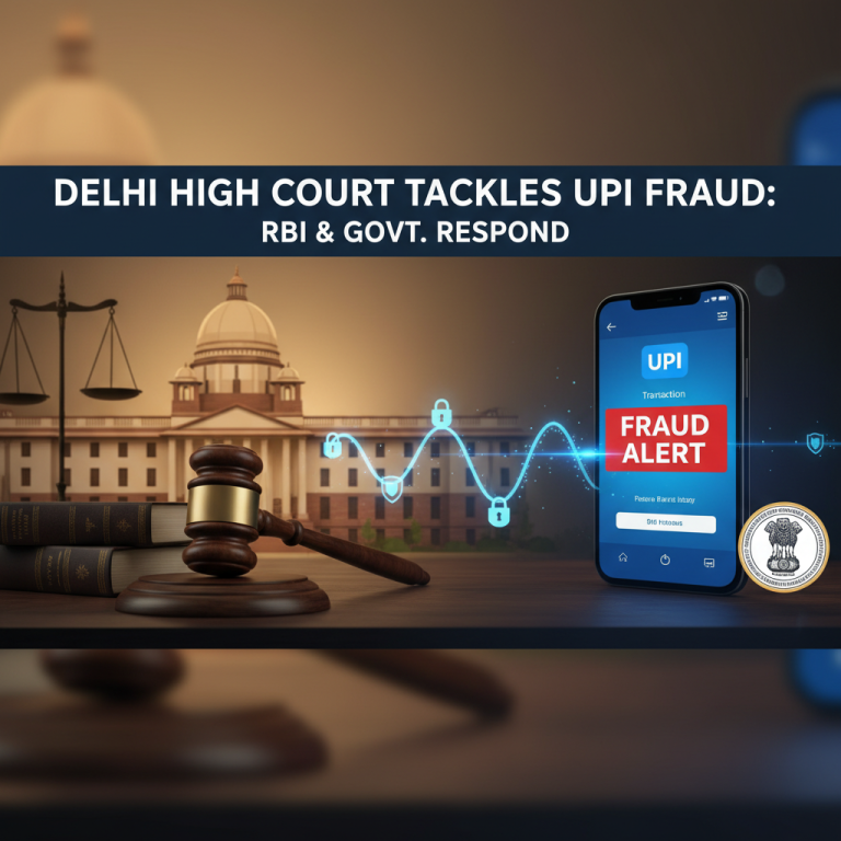 A gavel, scales of justice, and a smartphone displaying a 'Fraud Alert' with the Delhi High Court in the background.