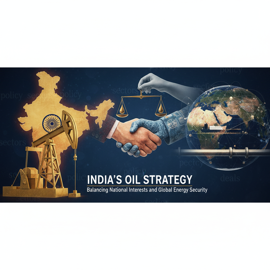 A professional image illustrating India's oil strategy with elements like a map, oil rig, globe, and handshake.