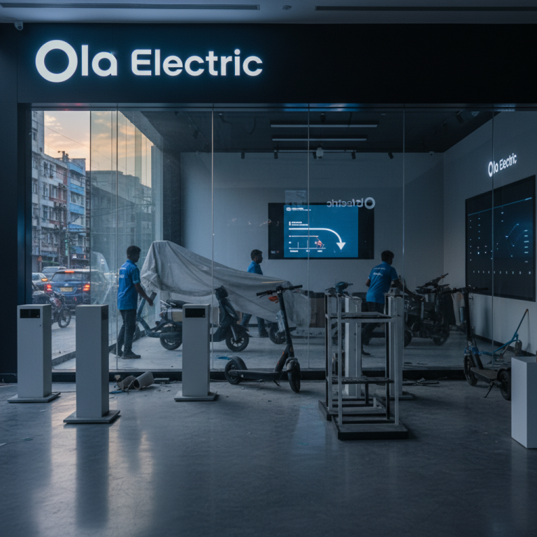 An empty Ola Electric showroom with employees dismantling displays and covering scooters, signaling store network reduction.