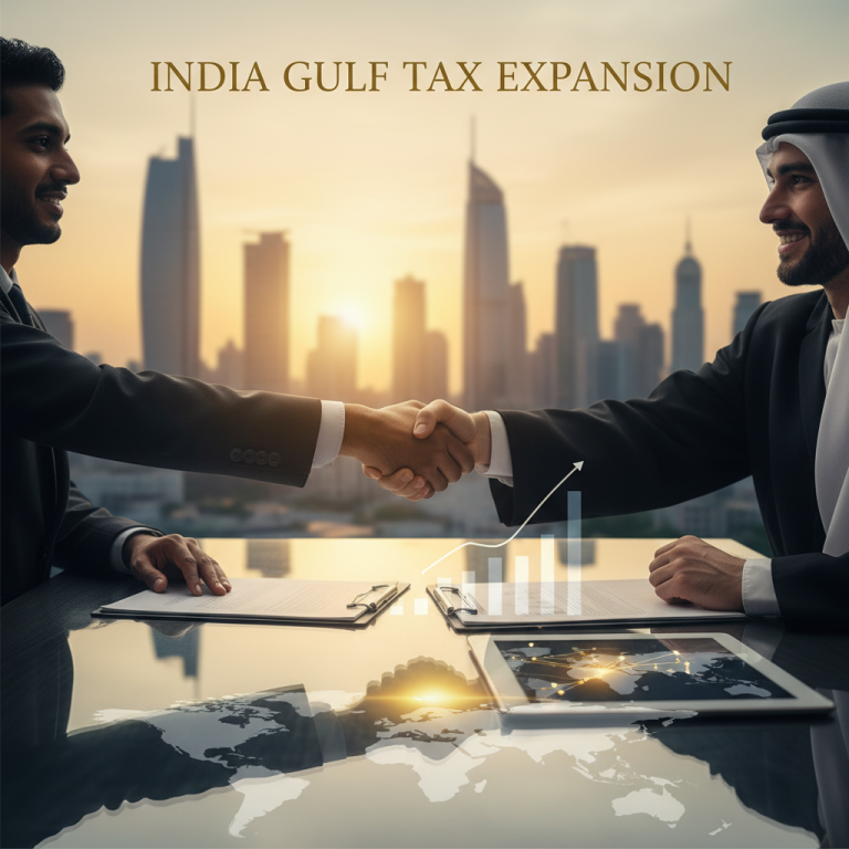 Two businessmen, one Indian and one Arab, shaking hands with a city skyline at sunset and a world map overlay.