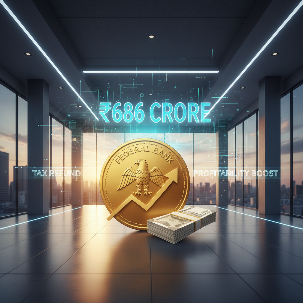 A gold coin with "FEDERAL BANK" and a rising arrow, next to stacks of cash, symbolizing a tax refund and profitability.