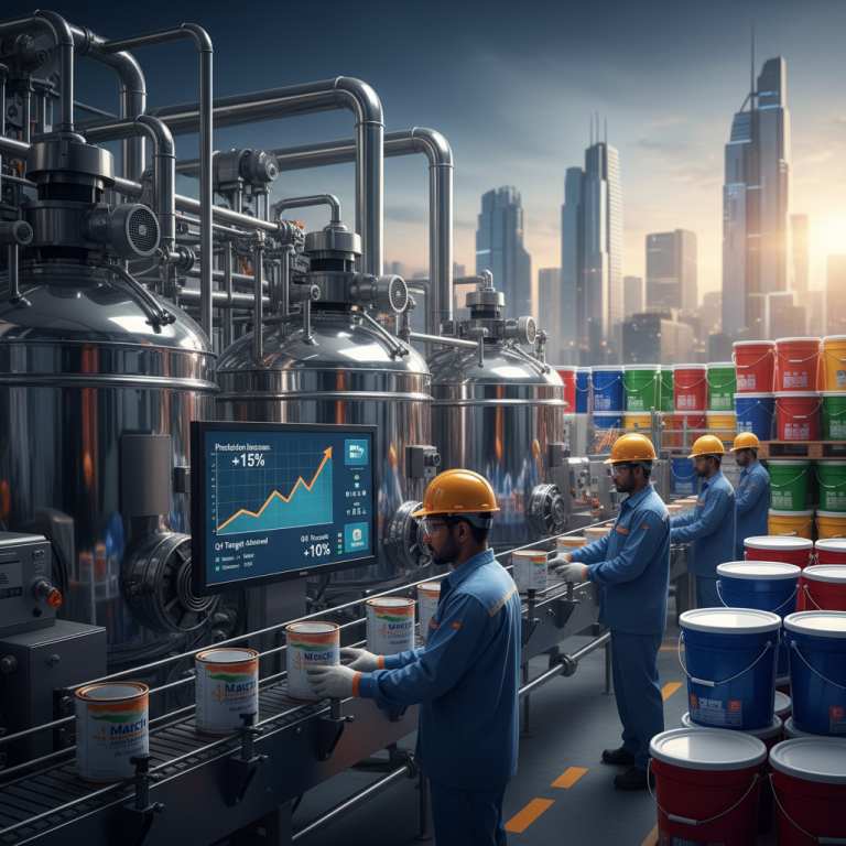 Workers on an automated assembly line in a paint factory with a city skyline in the background, a screen shows positive growth charts.