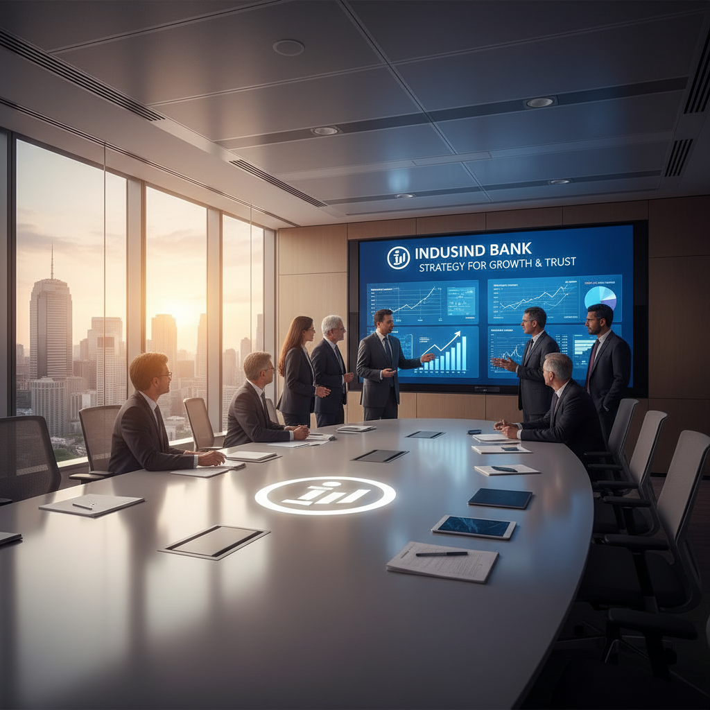 A professional meeting in a modern boardroom with large windows overlooking a city skyline at sunset.