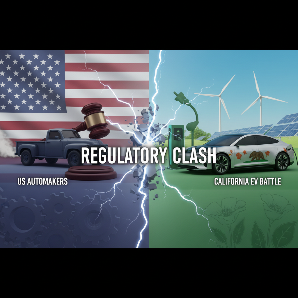 An image showing a traditional American pickup truck and a modern electric vehicle, separated by a lightning bolt, symbolizing a regulatory clash.