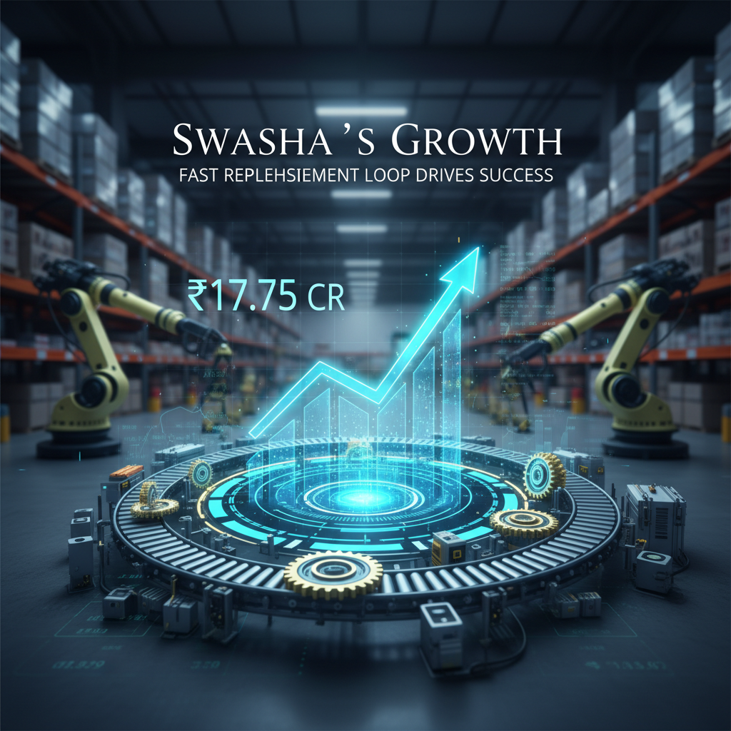 A modern warehouse scene with a glowing blue upward-trending arrow and a circular tech interface, symbolizing rapid growth and efficiency.