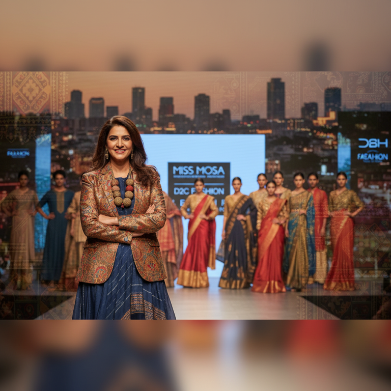 A confident woman, possibly Miss Mosa, stands in front of models on a runway with a city skyline in the background.