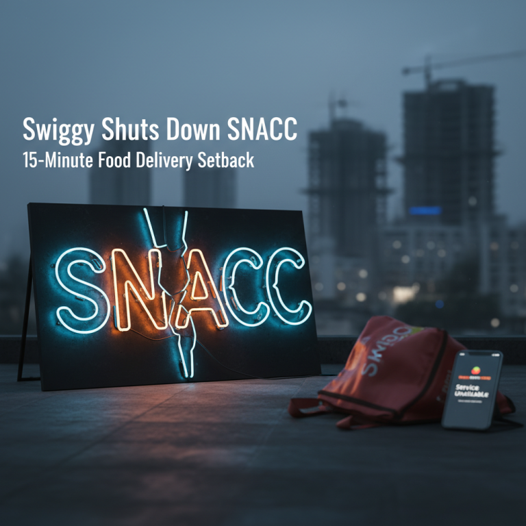 A broken neon sign for "SNACC" next to a Swiggy delivery bag and a phone showing "Service Unavailable."