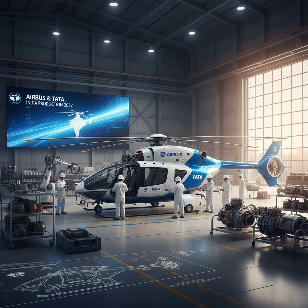 Airbus and Tata branded helicopter in a manufacturing facility with engineers and a large screen displaying "India Production 2027".