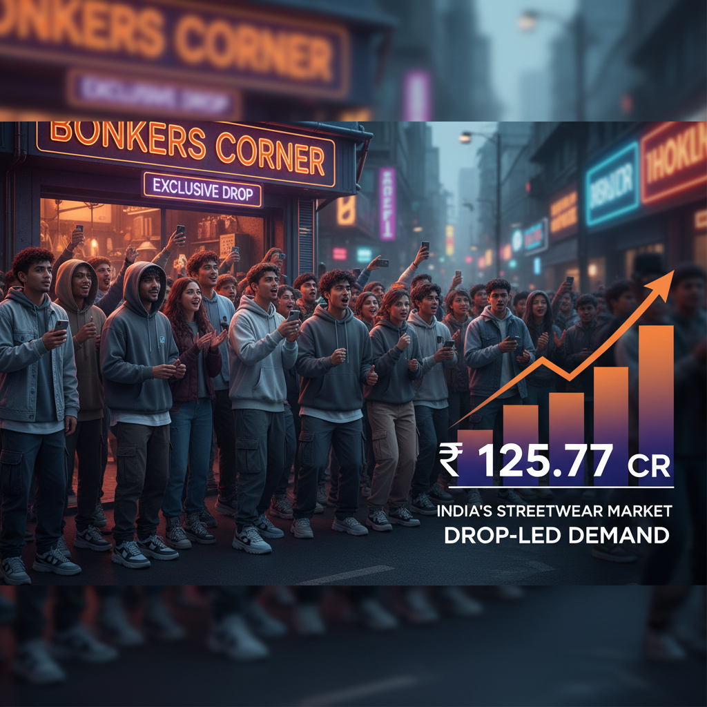 A vibrant street scene with young, excited people outside a streetwear store, overlaid with a rising bar graph indicating ₹125.77 Cr growth.