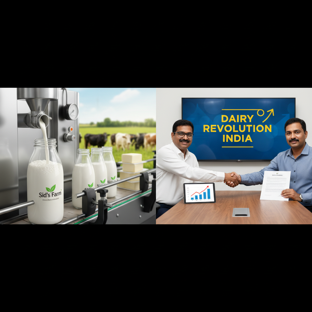 Image showing dairy processing and a business deal, symbolizing Sid's Farm success in India's dairy sector.