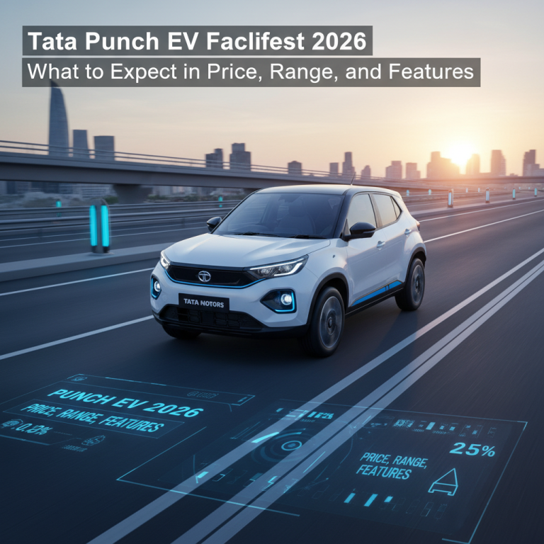 A white Tata Punch EV drives on a modern city road at sunset with futuristic holographic displays showing car data.