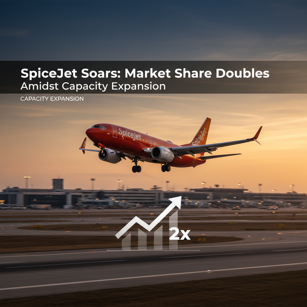 A SpiceJet airplane taking off at sunset with a graphic showing market share doubling.
