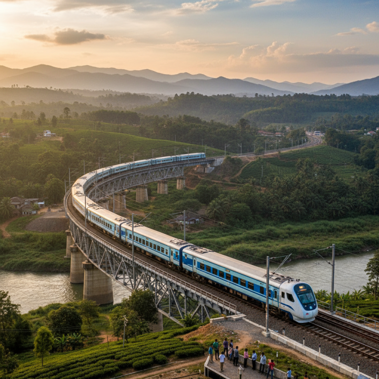 A modern blue and white train crosses a bridge over a river in a lush, mountainous landscape in Northeast India.
