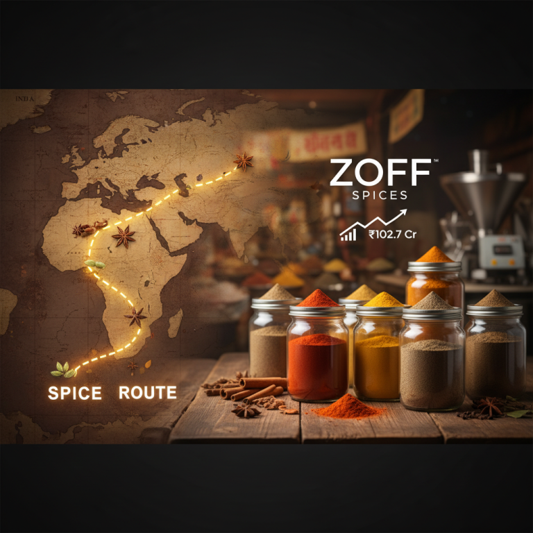 An image showing a world map with a glowing spice route, alongside jars of colorful spices and the ZOFF Spices logo with a growth chart.
